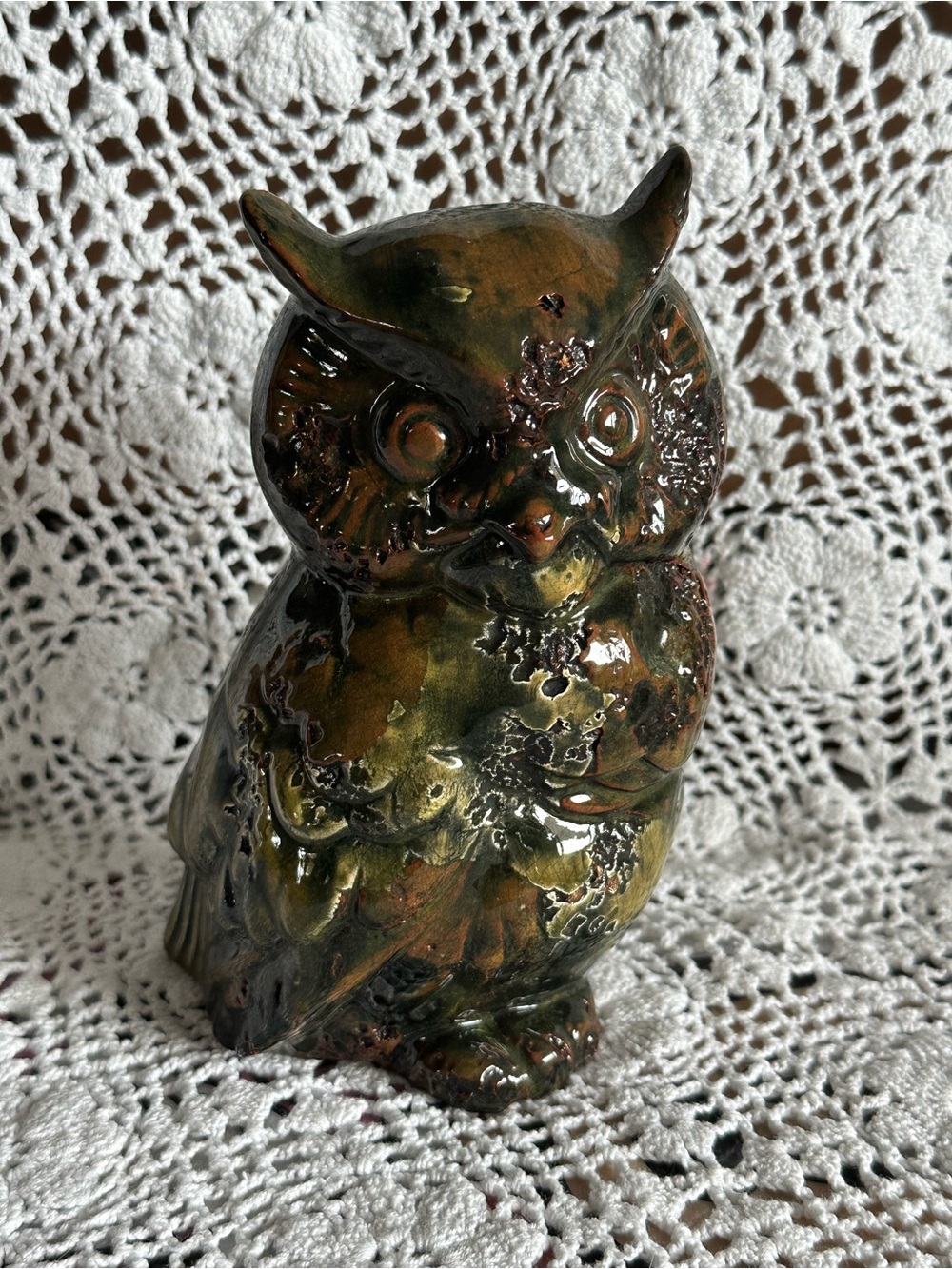 Vintage MCM Glazed Ceramic Owl Figurine in Olive Green and Brown